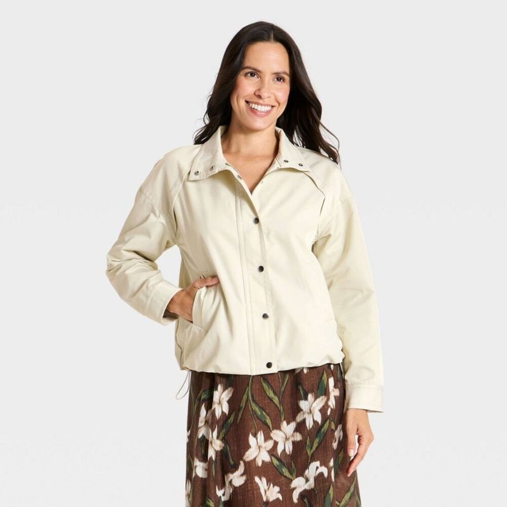 Women's Long Sleeve Button-Up Funnel Neck Collared Light Jacket - Cream M